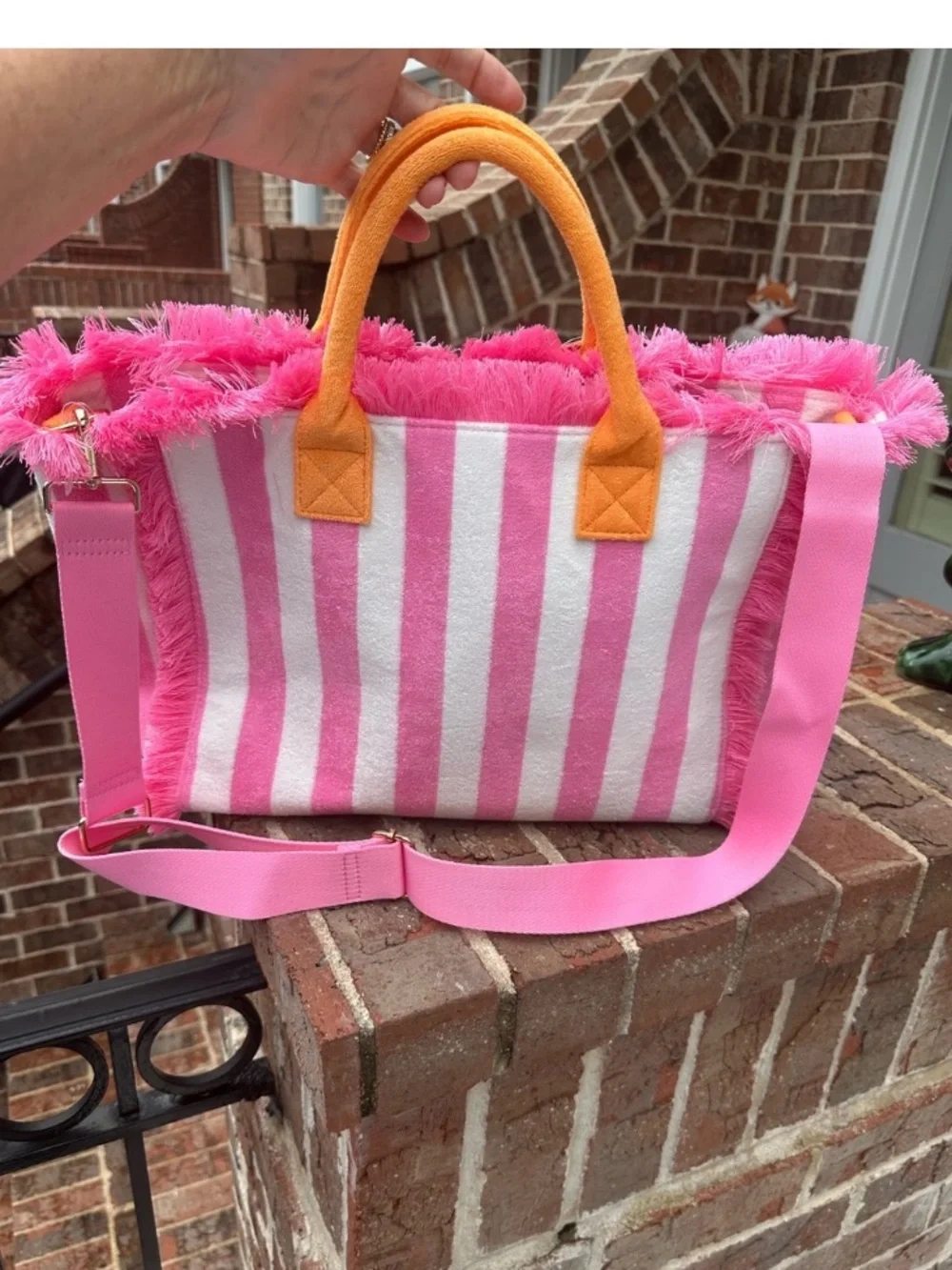 🩷Pink & White Striped Fringe Tote with Orange Handles and Crossbody Strap🩷